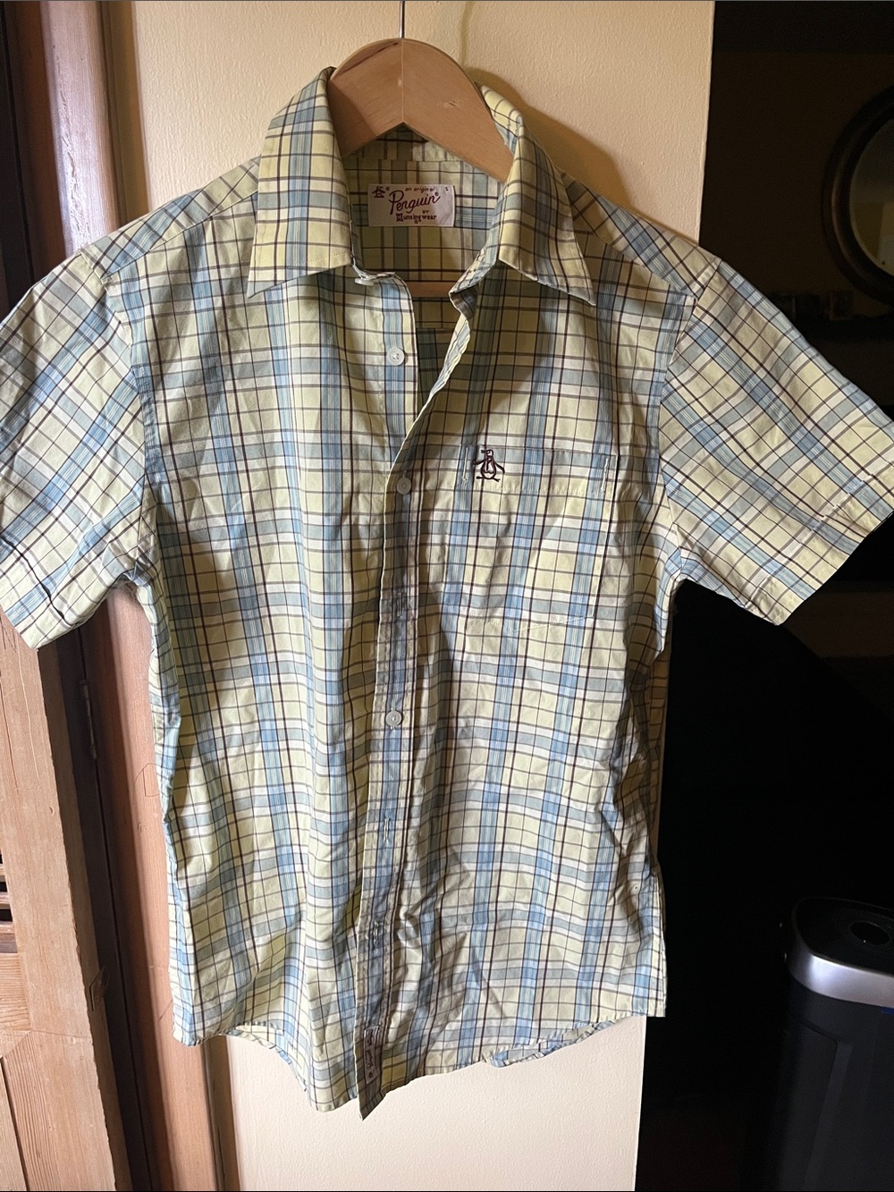 Original Penguin Yellow and Blue Plaid Short-Sleeve Button-Down Shirt